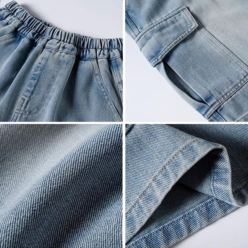Summer Teen Boys Denim Shorts Fashion Solid Color Big Pocket Thin Jeans Pants for 4-14 Years Kids Children Casual Trousers