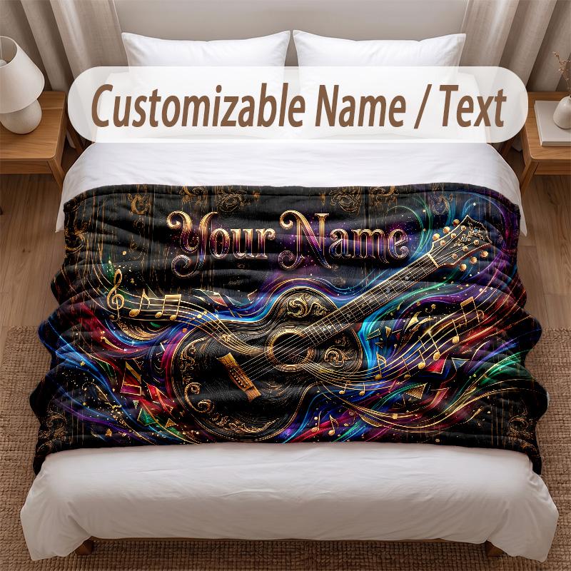 Music Guitar Theme Soft Blanket Personalized Custom Name Text Print Warm Blanket Home Sofa Bedroom Decor