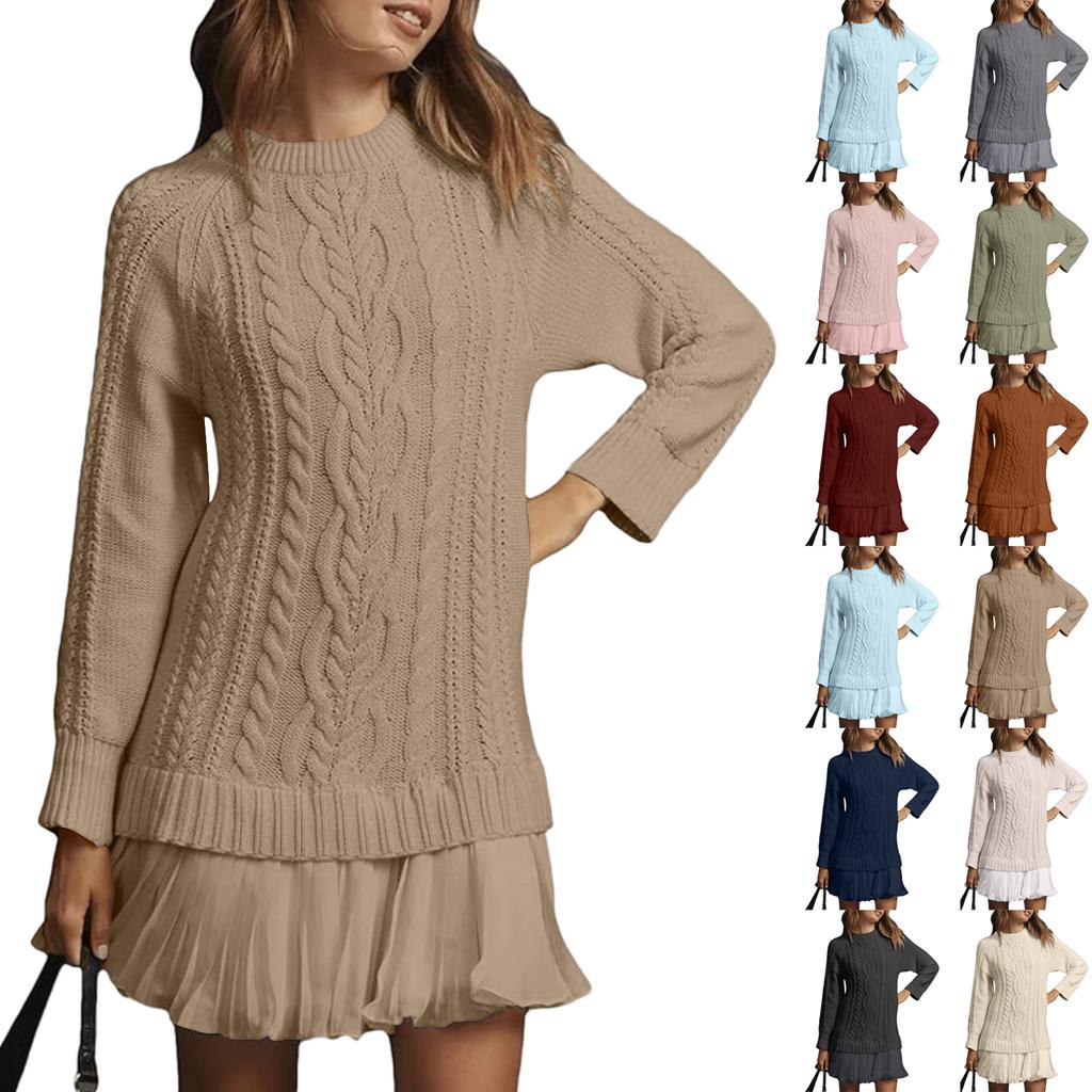Women's Solid Round Neck Dough Twists Knitting Chiffon Splicing Sweet Temperament Dress