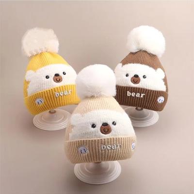 Cute Plush Ball Baby Woolen Hat Cartoon Bear Kids Ear Protection Cap 0-2year Children Winter Warm Pullover Cap Knitted Beanies