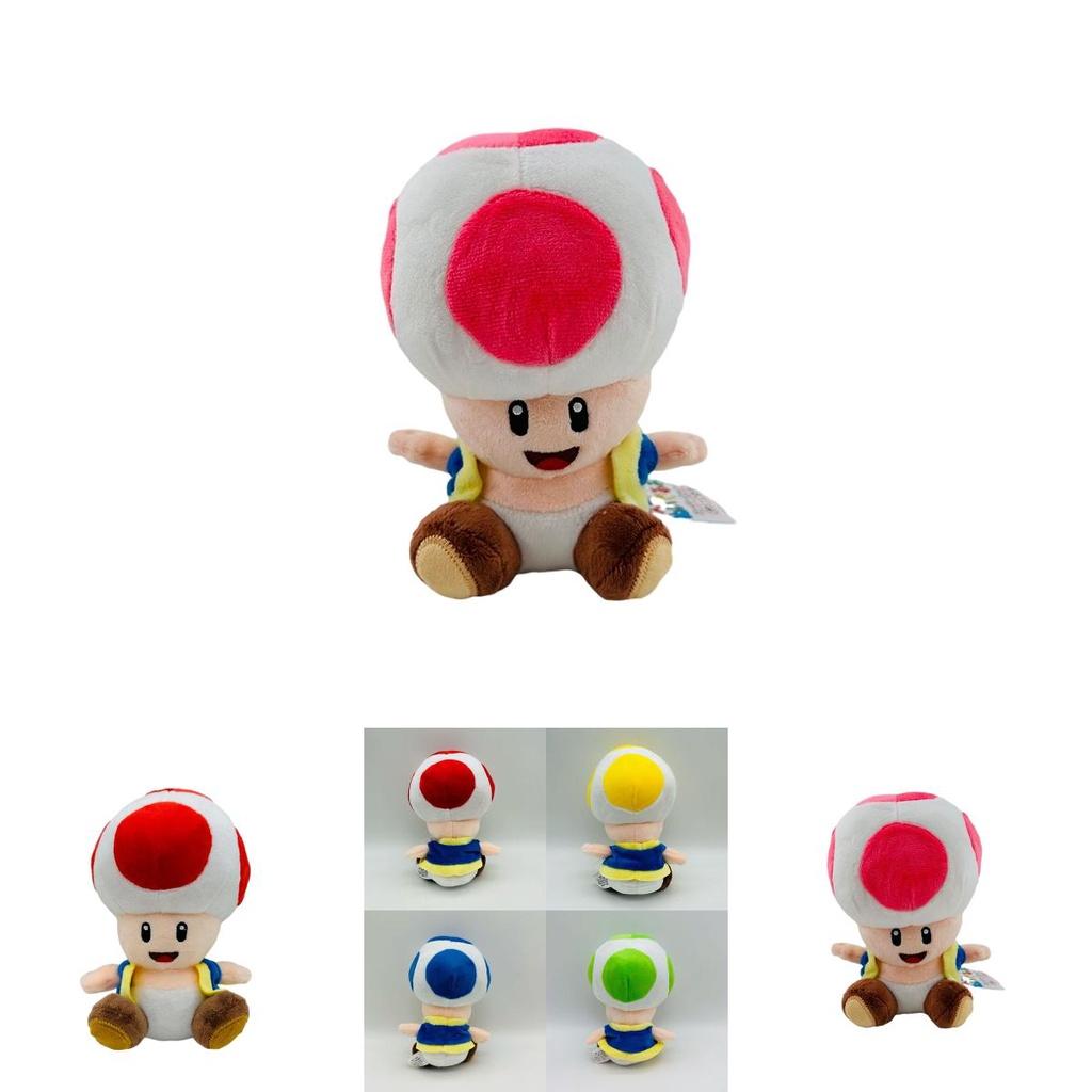 Super Mario 17cm Toad Plüschtier Mit 5 Bunten Sitzenden Pilzfiguren