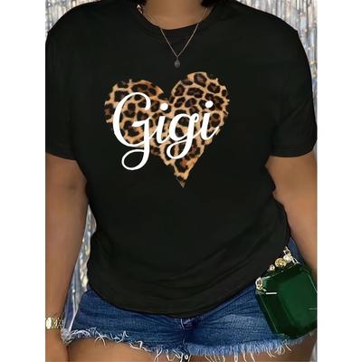 European Size Womens Gigi Leopard Heart Print T-Shirt - Crew Neck, Short Sleeve - Machine Washable - Stylish Black Casual Top, Leopard Print Blouse