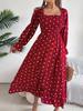 Women Casual European American Polka Dot Ruffled Square Neck Long Sleeve Flared Maxi Dress