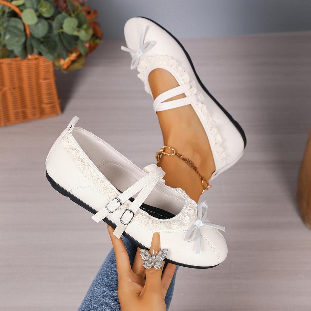 Girls Mary Jane Flats Double Buckle Straps Lace Trim Ballet Shoes Soft Sole Casual Slip On Footwear for Kids