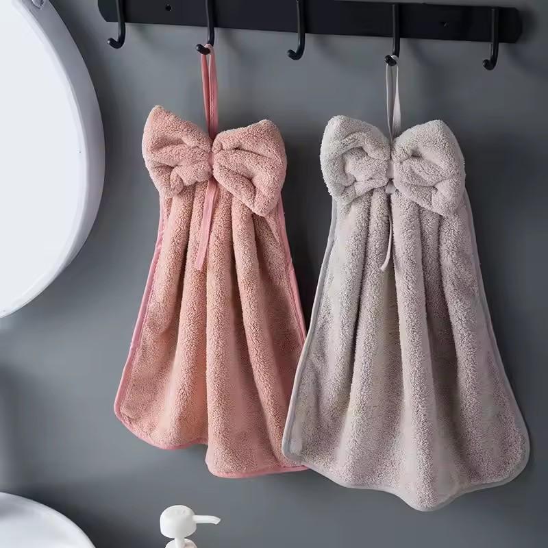 Hand Towel Household Bow Hanging Type Absorbent Towels Kitchen Wipe Handkerchief Solid Color Kitchen Supplies