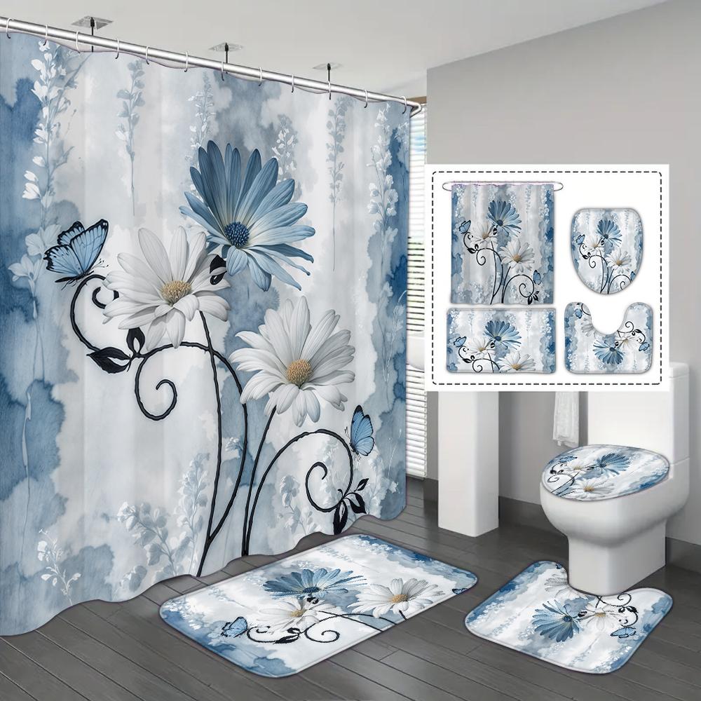 4-piece Set of Blue White Jade Orchid Waterproof Printed Shower Curtains with 12 Hooks, Bathroom Floor Mats