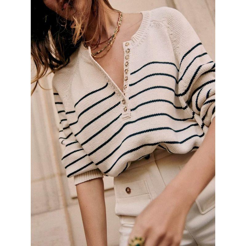 Classic Stripes Henry Collar Knitwear Scandinavian Stylish Retro Button Long Sleeves Loose and Idle Pullover Sweater