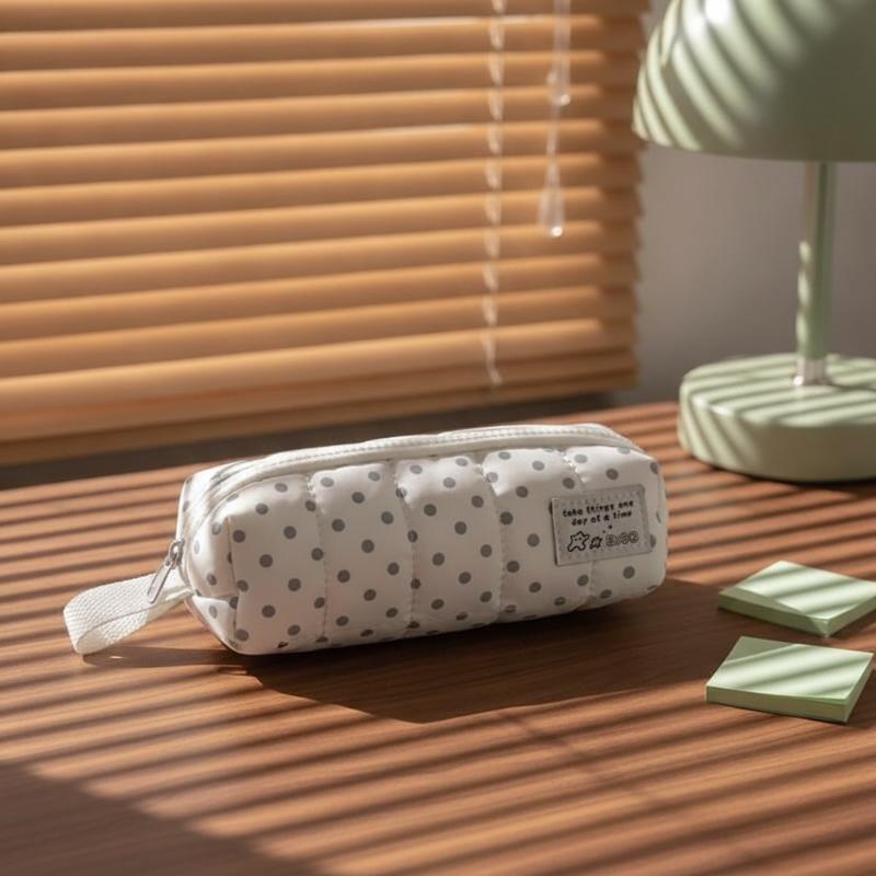 White Padded Polka Dot Pencil Case Large Storage Cute Design Perfect For Students School Stationery Organization