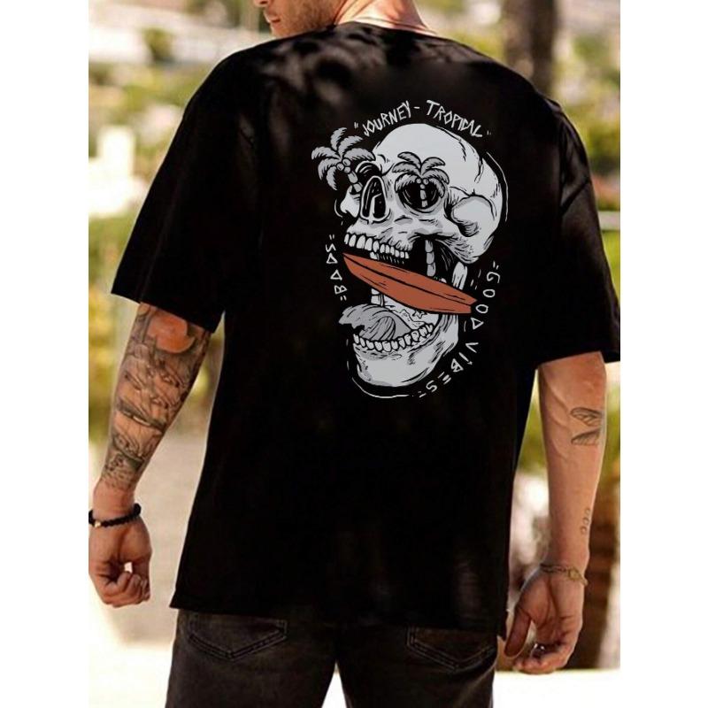 Summer Men's 100% Cotton Casual Loose Plus Size Personalized Skull Pattern Printed Round Neck Short Sleeved T-shirt Top