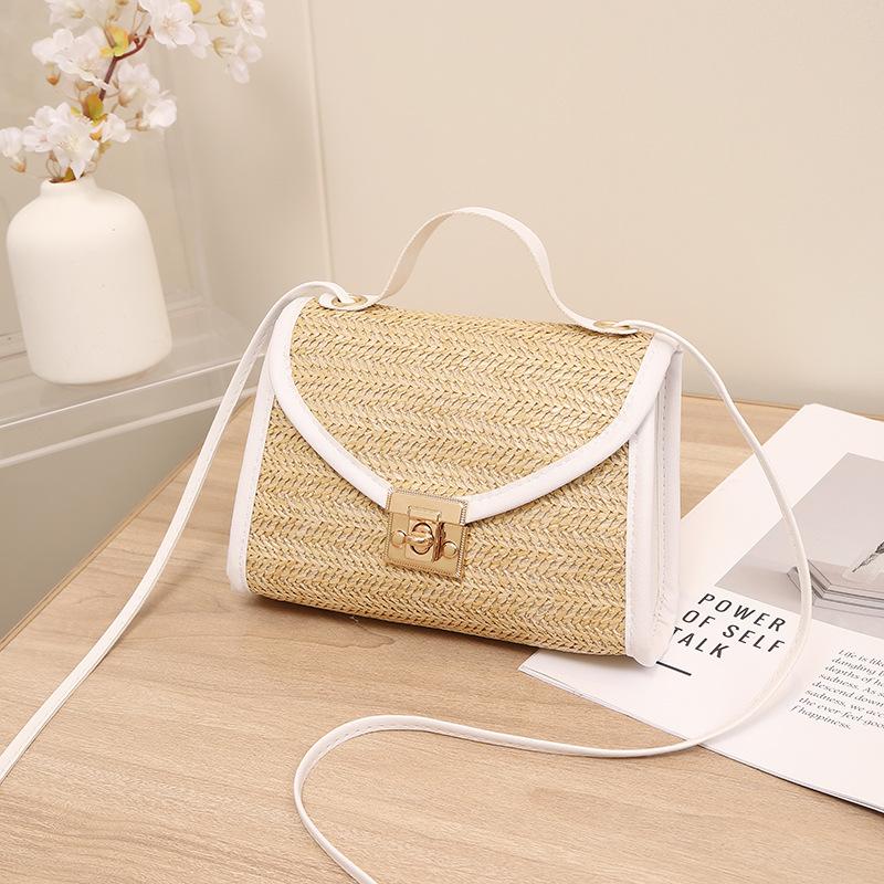 Straw Bag New Lock Metal Small Square Bag Women's Bag Fashion Casual Simple Shoulder Bag Mobile Phone Bag