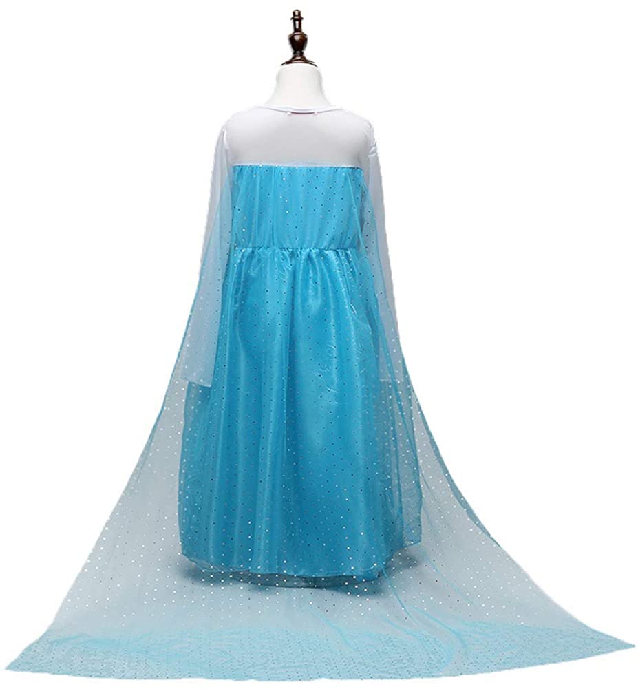 Princess Elsa Dress Costume for Luxury Ice Blue Heart Magic Braided [EKALA] Kids, 8-Piece Set, (Princess Dress, Tiara, Wand, Gloves, Necklace, Ring,
