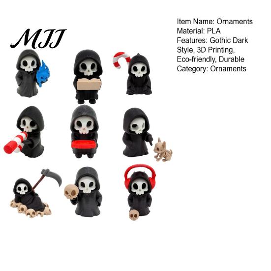 Durable 3D Printed Figures 9Pcs Grim Reaper Figurines, Cool Skull Skeleton Statues, Gothic Dark Halloween Ornaments Decoration for Bedroom Home