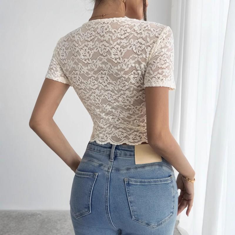 Womens Lace V-Neck Short Crop Top Slim Fit Streetwear Sexy Trendy Tee 2025