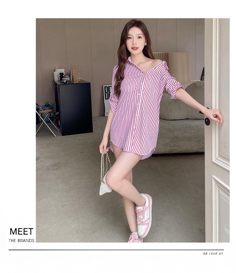Korean Style Striped Midi Shirt Coat for Women – Spring/Autumn 2025 Collection