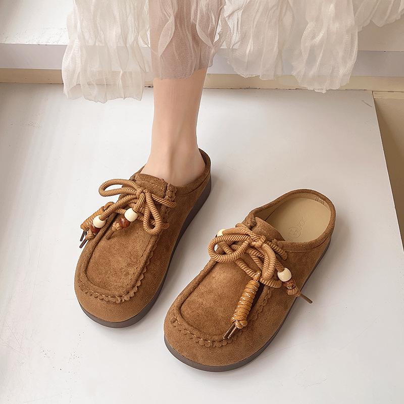 Retro lace-up Boken shoes bag head half slippers women's outerwear 2025 autumn new one-pedal platform Muller sandals