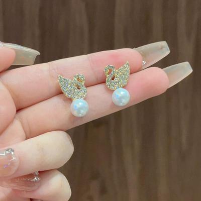 Korean Swan Earrings: Elegant Zircon & Pearl Design for Women