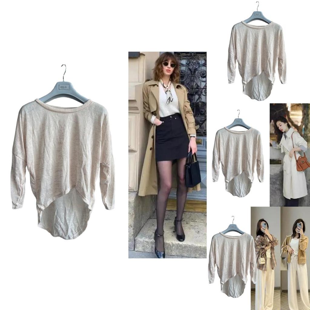 T-shirt Casual da Donna in Cotone a Maniche Lunghe con Vestibilità Larga e Orlo Curvo