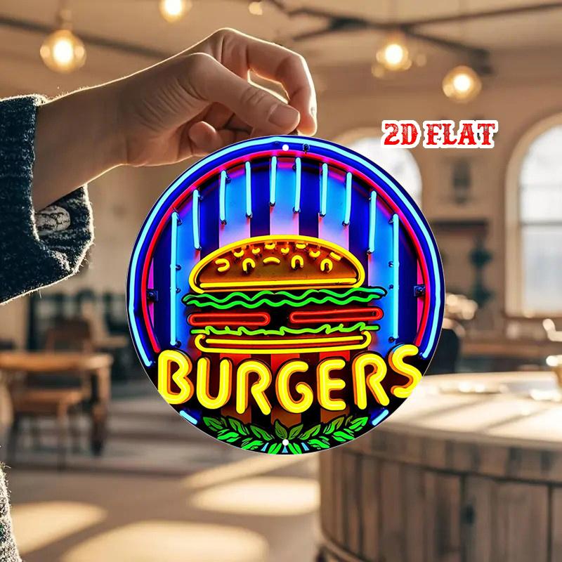 D Flat pc Retro Neon styleintheDark Burger Sign Round Aluminum Metal Wall Art Vintage Diner Style with Vibrant Colors