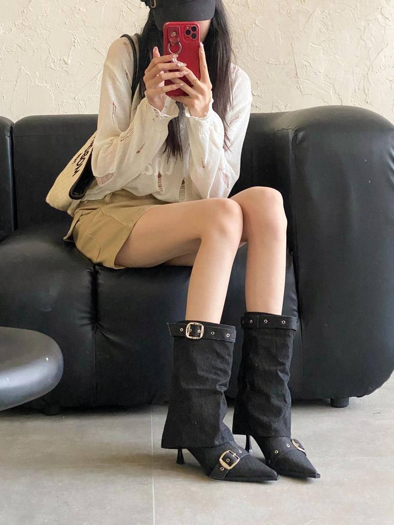 2025 Autumn and Winter New European and American Sexy Babes White High-heeled Short Boots Women's Belt Buckle Rivet Babes Pointed Trousers