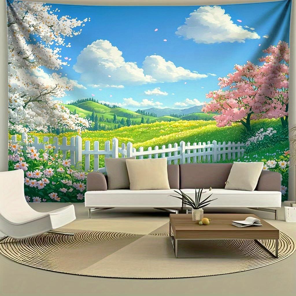 Blooming Flower Fence Digital Printing Polyester Wall Tapestry Suitable for Use In Living Rooms Bedrooms Offices Bars Party