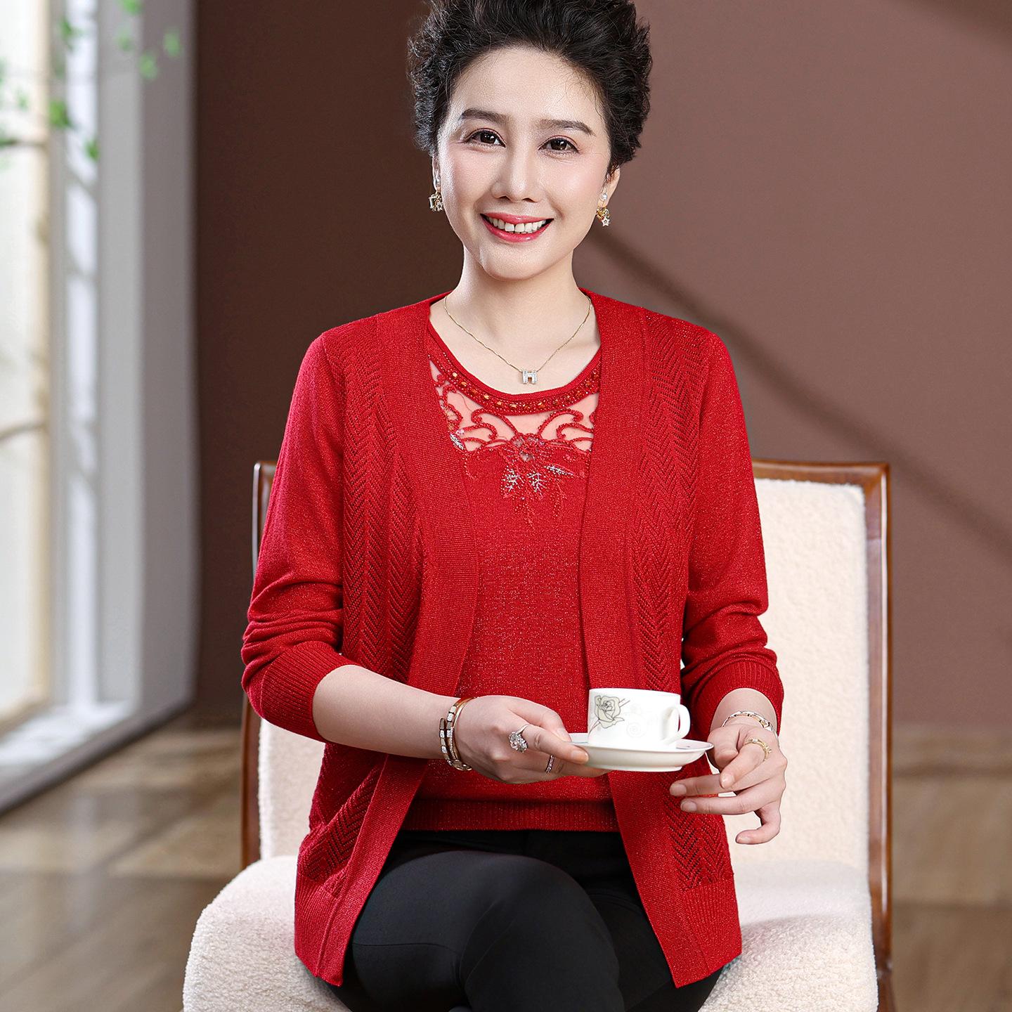 

Spring & Autumn Knitwear Two-Piece Set for Mother-in-Law s Wedding: Plus Size, Festive Outfit for Middle-Aged Women 2XL (110-120 jin) красный
