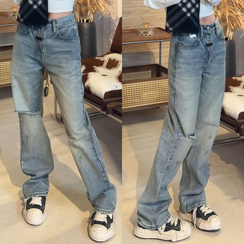 Summer and autumn fashion American street style straight ripped jeans men's trendy brand retro ink-splashing trousers three-dimensional tailoring