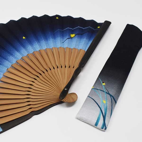 Kimono Fabric Fan and Fan Case Dyed Firefly Grass 22cm [Stylish Iroha] Men's Fan, Set, Frame, Pattern, (Navy)