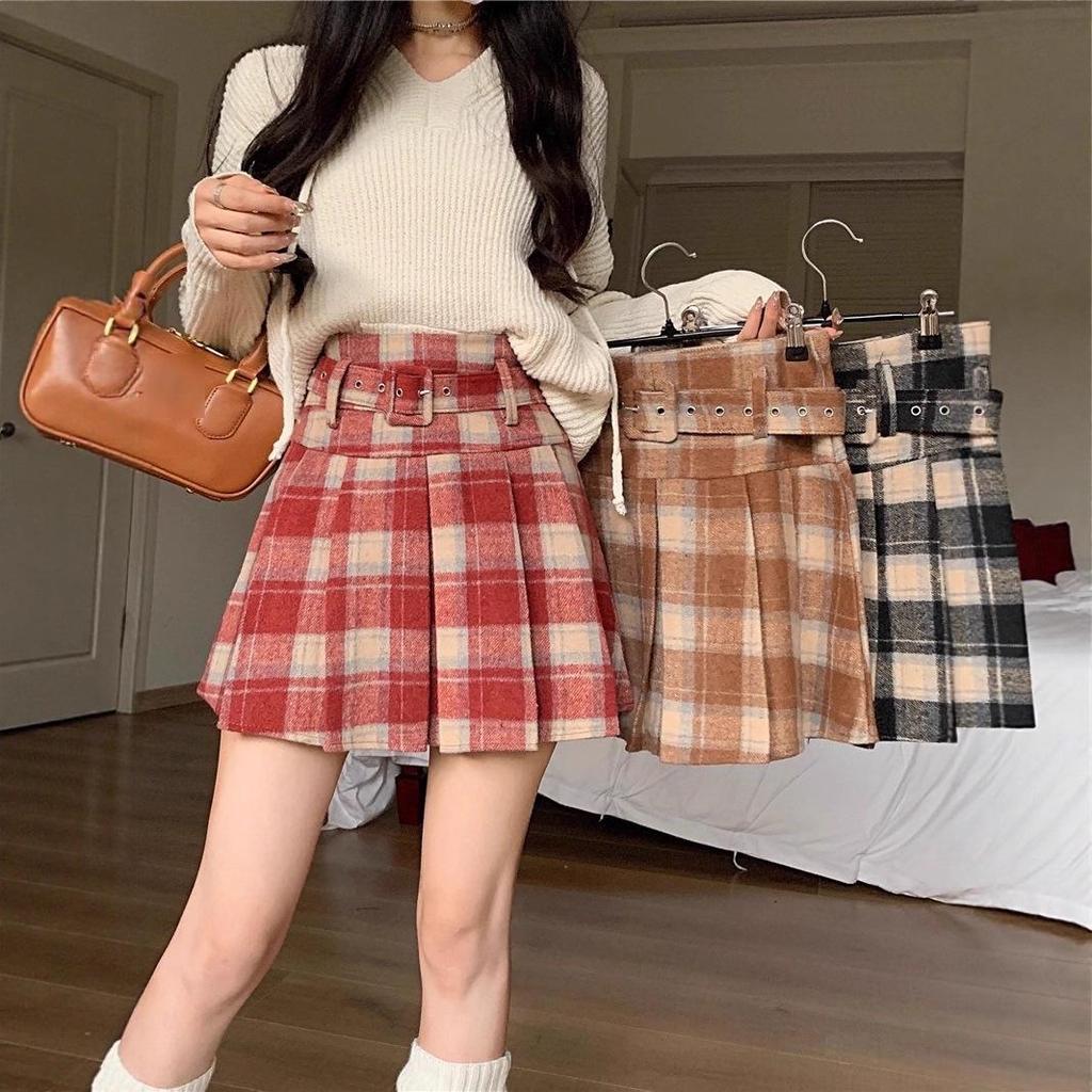 Women's High Waist Plaid Wool A-line Pleated Skirt with Belt - Thickened for Autumn/Winter 2026 Retro Style