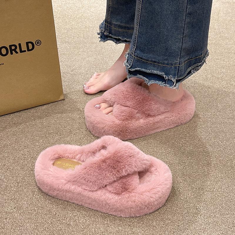 2024 autumn and winter new fluffy slippers women wear large size thick bottom plush office home versatile cotton slippers women