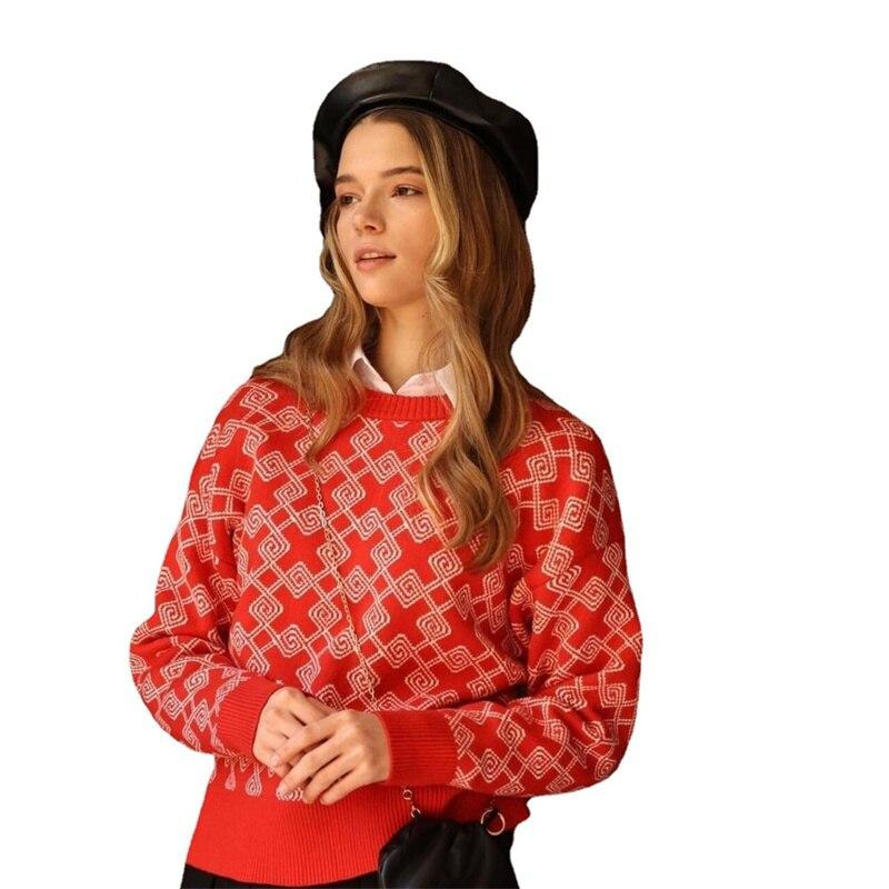 

2022 зимние корейские женские теплые джемперы с длинными рукавами, женский элегантный пуловер с принтом, полосатый вязаный ретро свитер для отдыха, женские свитера L красный