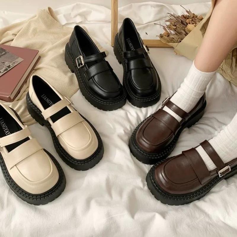 Fashion Brown Luxury Leather Casual Round Toe Ladies Footwear Japanese Style Lolita Gothic Women's Shoes Platform Buckle Mary Jane 39 E
