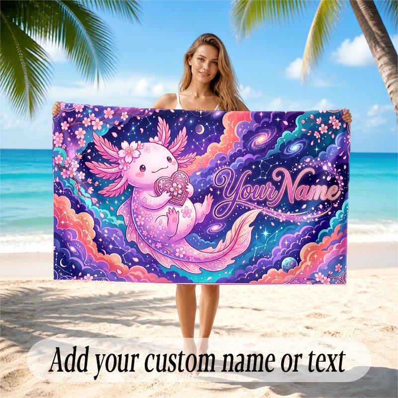 Axolotl Theme Quick Dry Beach Towel Custom Name Text Print Large Sand Resistant Towel Beach Vacation