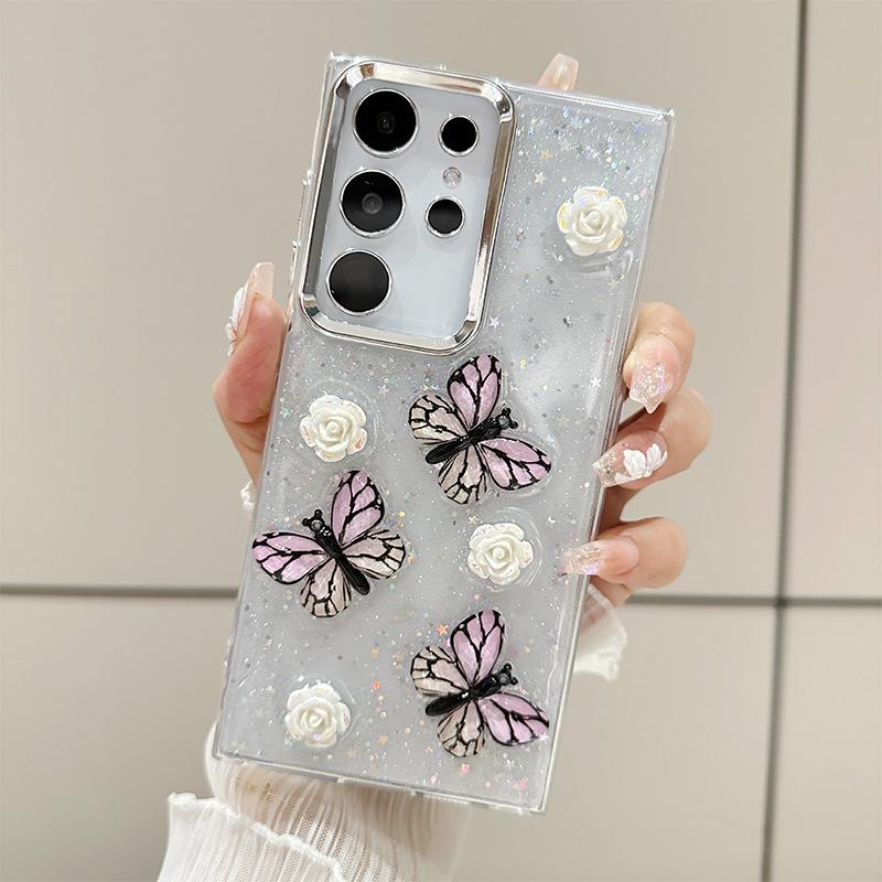 Three-Dimensional Advanced Sense Rose Butterfly Epoxy Mobile Phone Case For Samsung S25Ultra Transparent S24 Glitter A16