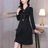 Women's Korean-Style Casual Elegant Slimming A-Line Dress Bow Patchwork Rhinestone Solid Color Long-Sleeve Dress