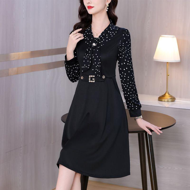 Women's Korean-Style Casual Elegant Slimming A-Line Dress Bow Patchwork Rhinestone Solid Color Long-Sleeve Dress