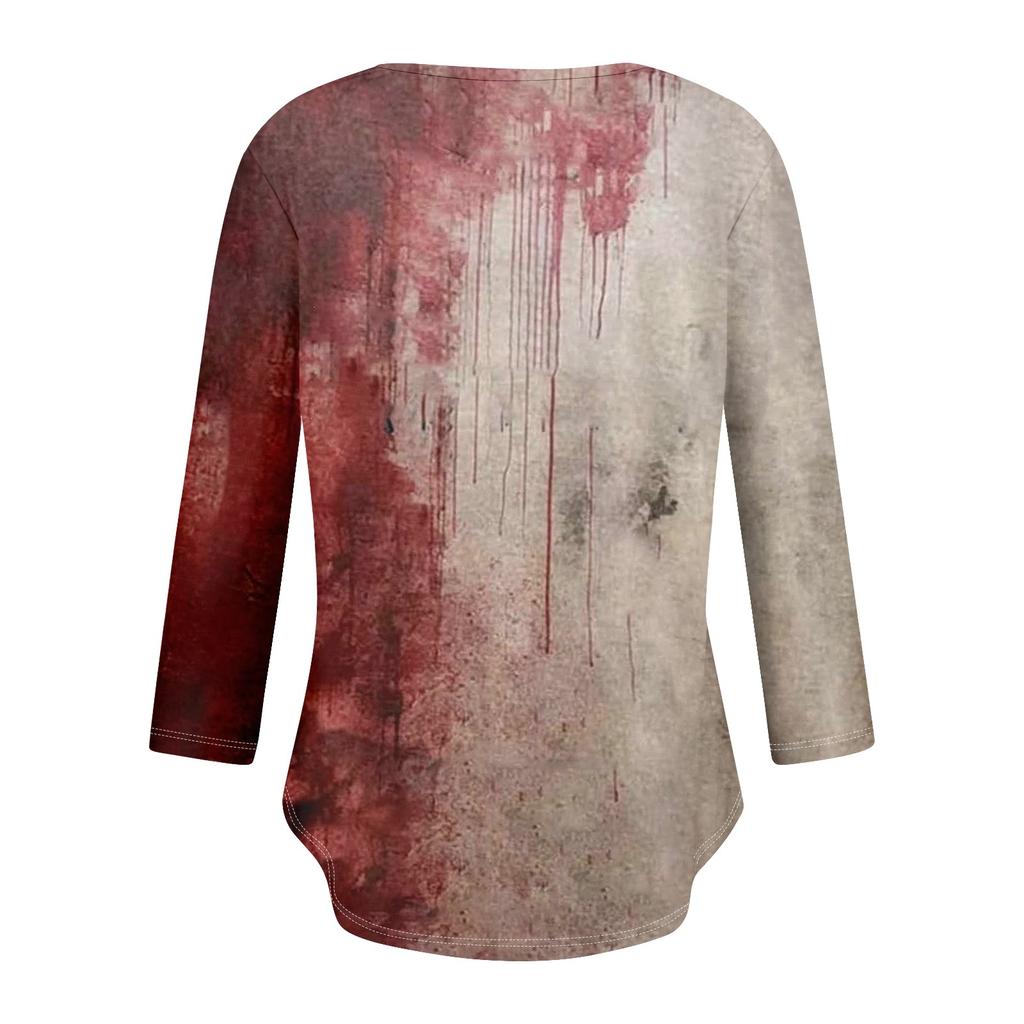 Womens 3/4 Sleeve Daily Weekend V Neck Casual Printed Tshirts Loose Fit Pleated Tees Button Down Shirts