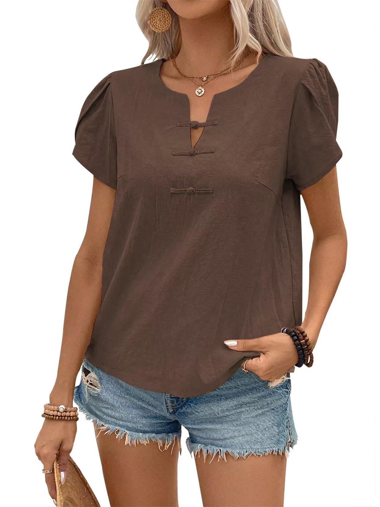 2026 European Women s Spring/Summer Petal V-Neck Henley Top - Short Sleeve, Casual/Formal Fashion. L кофейный