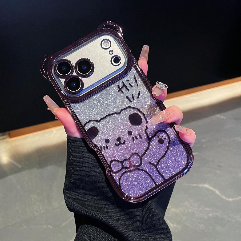 For IPhone17promax Phone Case Cartoon Teddy Bear for Apple 16 Electroplated Glitter 15 with Lanyard Protective Cover