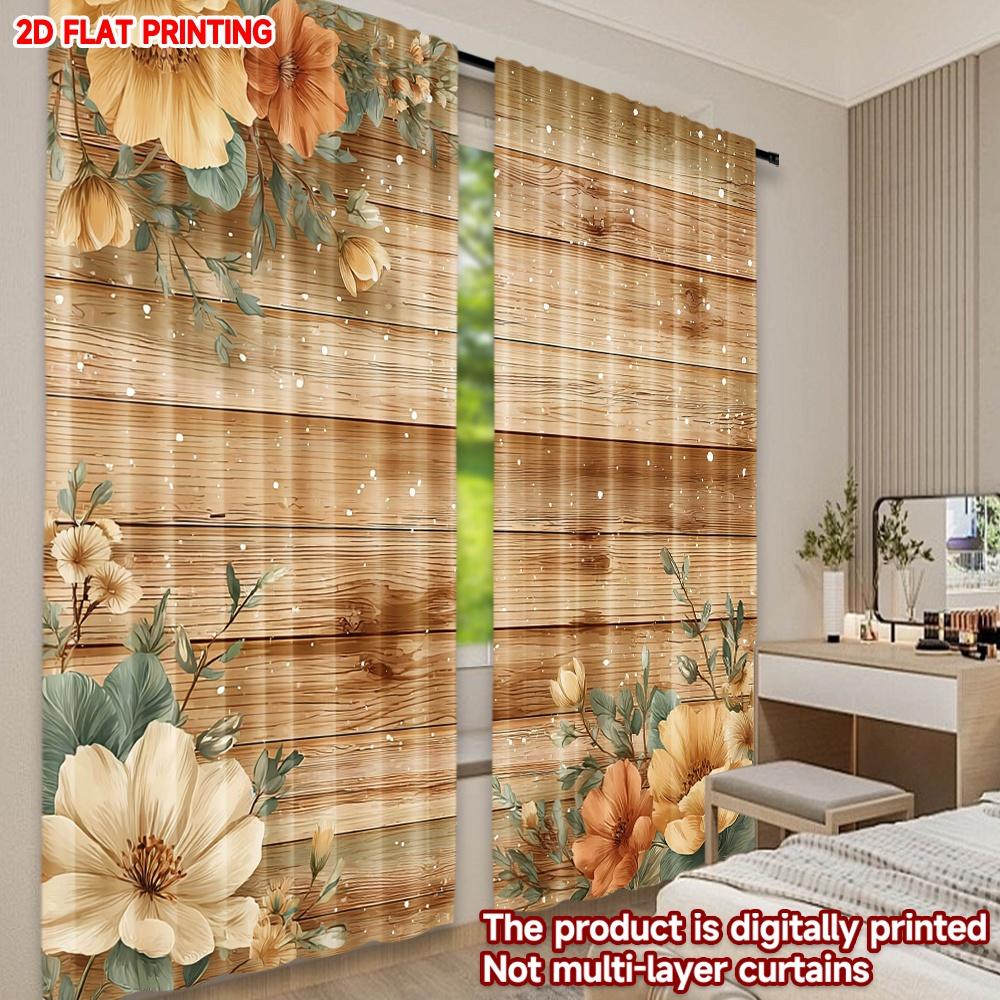 Set Of 2 Warm Floral Woodgrain Curtains Flat Digital Printing Yellow Orange Blossoms Green Leaves Cozy Bedroom Decor Curtain For Sleeping Area Made
