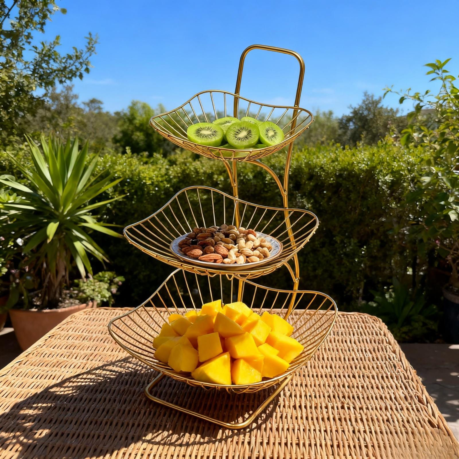 

Elegant 3 Tier Fruit Stand, Golden Fruit Bowl Centerpiece, Kitchen Counter Decor, 3 Layer Serving Tray, Dessert Display Holder золотой
