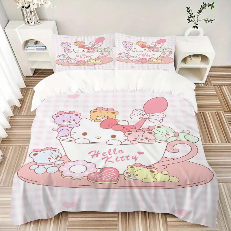 3pcs Sanrio Hello Kitty & Colorful Bear Bedding Set 1 Soft Quilt Cover + 2 Pillowcases, Machine Washable Suitable for All Seasons, Perfect Gift W096