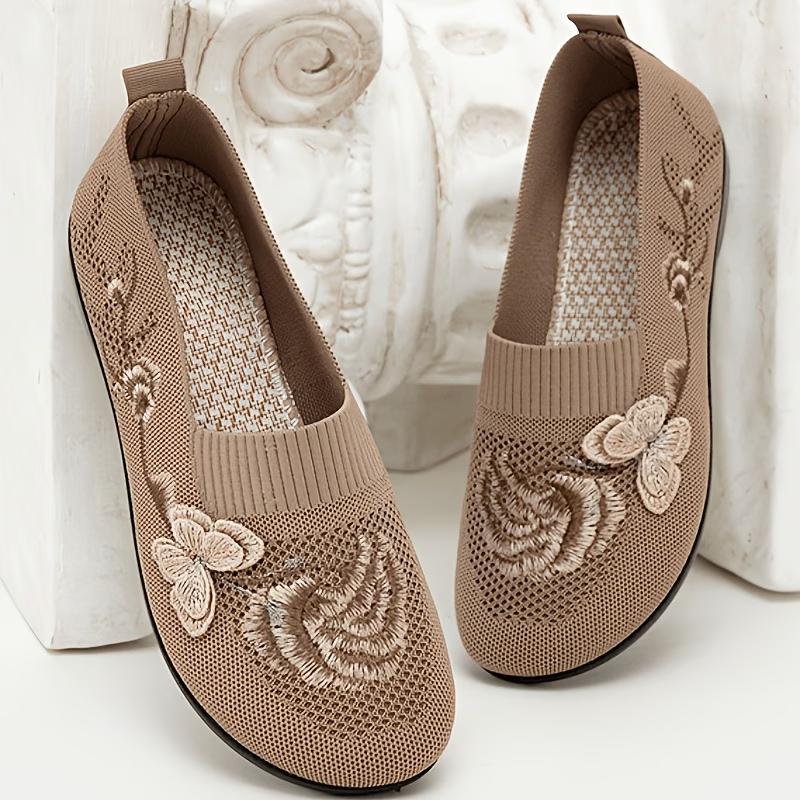 Women' Slip- Loafers with Floral Embroidery - Breathable Knit Soft Sole Non-Slip Sole Suitable for Mom Sneakers, Outdoor Footwear, Women Shoes