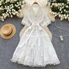 French court style hollow lace splicing lapel short-sleeved dress women's lace-up waist elegant pendulum medium and long dress