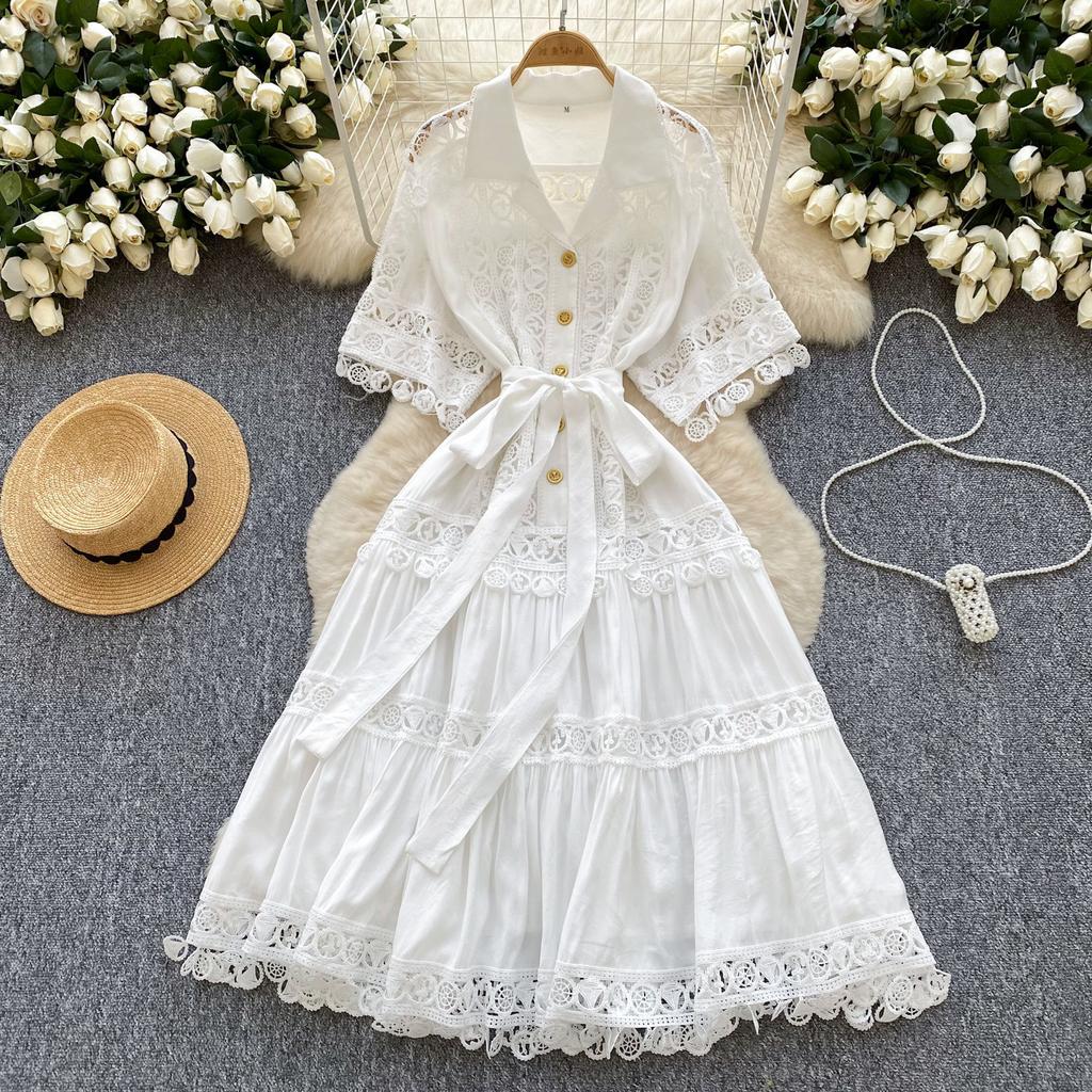 French court style hollow lace splicing lapel short-sleeved dress women's lace-up waist elegant pendulum medium and long dress