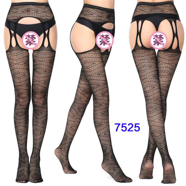 Sexy Lingerie Women's Fishnet Stockings With Garter Belt Summer Thin Lace Patterned Mesh Tights Female Black Suspender Pantyhose
