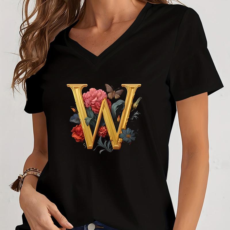 Women Tshirts AZ 26 Alphabet Flower Vintage Design Premium Tshirt Vintage Butterfly Flower 26 English Alphabet Summer Tshirt