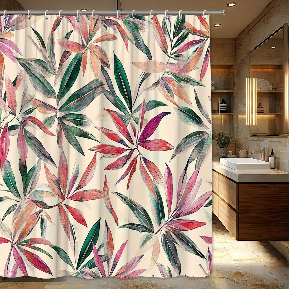 

1Pc Tropical Leaves Shower Curtain - Vibrant Green, Pink And Red Leaves On A Cream Background Polyester Fabric, Machine Washable W60H190(CM)-1 Pcs