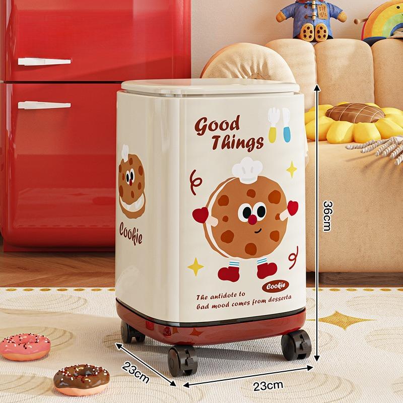 

New Cartoon Plastic Press Type Trash Can Double Layer With Wheels Lid Home Storage Garbage Bin For Living Room Bedroom Indoor