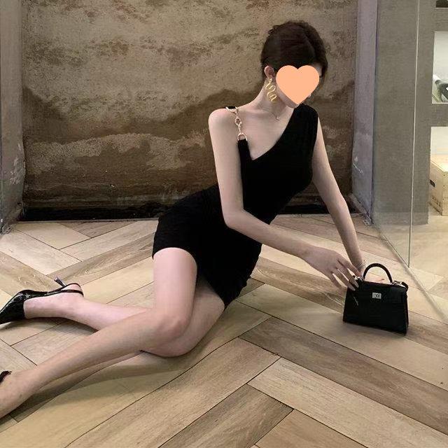 Women's Black One-Shoulder Dress with Metal Straps - French Elegance, Hip-Hugging Design