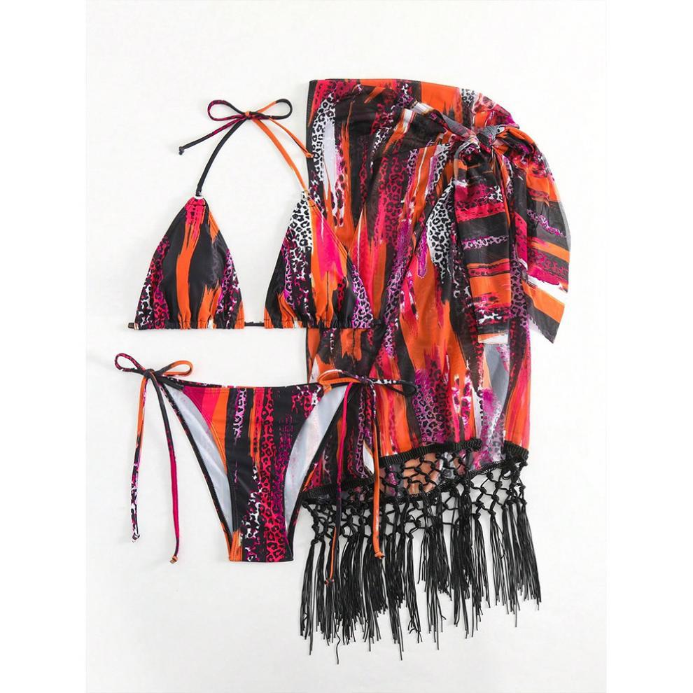 Women s Swimsuit Tie-dye Three-piece Sexy Backless Tassel Halter Neck Tie-back Bikini Split Suit Beachwear S оранжевый